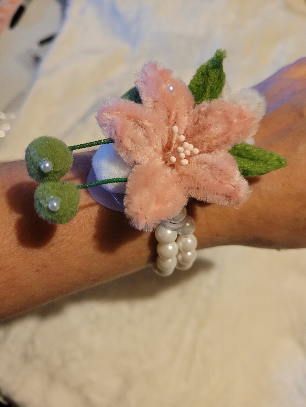 Handmade Pink Floral Pearl Corsage Or Stretch Bracelet